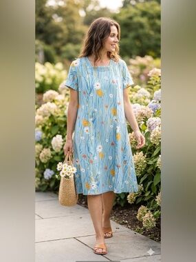 VTG Floral Midi Dress Blue Size L Cottagecore Grandmacore Coastal Spring Boho